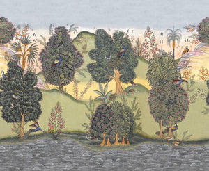 Mayura Valley wallpaper by Deus ex Gardenia in sage green and yellow, close-up of a peacock valley mural