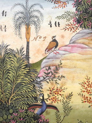 Mayura Valley wallpaper by Deus ex Gardenia in sage green and yellow, detail of a peacock valley mural