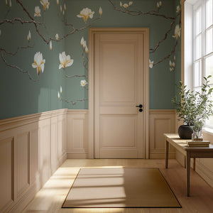 Magnolia in Blossom wallpaper by Dami and Em Design in teal, magnolia branches in an entryway
