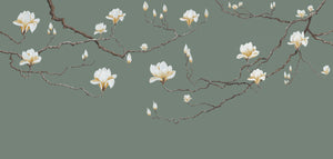 Magnolia in Blossom wallpaper by Dami and Em Design in teal, pattern sample of magnolia branches