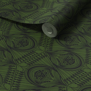 Manilva Garden wallpaper by Dami and Em Design in green, partly unrolled roll showing an art deco garden design