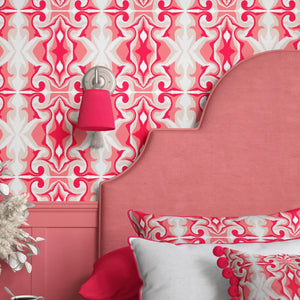 Marco Island wallpaper by Liberty James Studio in pink, a scrolling damask design in a bedroom