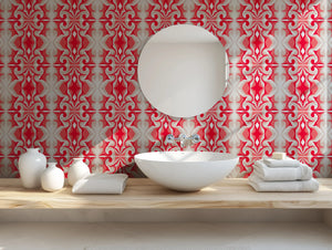 Marco Island wallpaper by Liberty James Studio in pink, sample roll showing a scrolling damask design