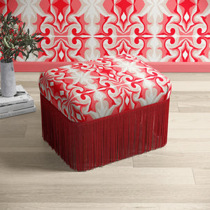 Marco Island Eco velvet by Liberty James Studio in pink, a scrolling damask design upholstered on a fringed footstool