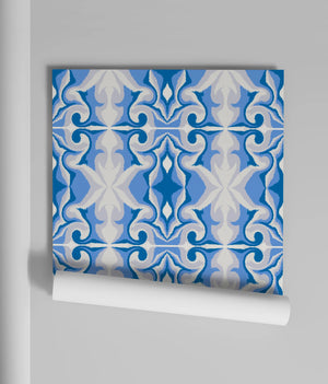 Marco Island wallpaper by Liberty James Studio in blue, roll showing a scrolling damask design