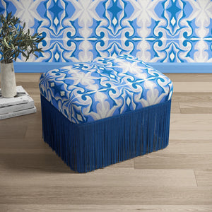Marco Island Eco velvet by Liberty James Studio in blue, a scrolling damask design covering a footstool