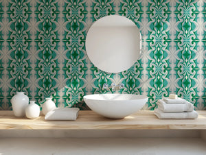 Marco Island wallpaper by Liberty James Studio in green, a scrolling damask design in a bathroom