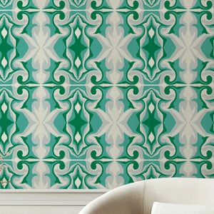 Marco Island wallpaper by Liberty James Studio in green, roll showing a scrolling damask design