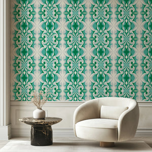 Marco Island wallpaper by Liberty James Studio in green, a scrolling damask design in a living room
