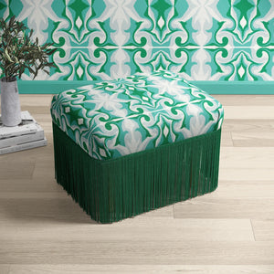Marco Island Eco velvet by Liberty James Studio in green, a scrolling damask design on an upholstered ottoman