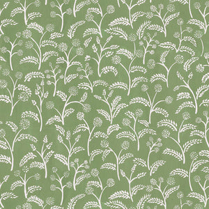 Margaux wallpaper by Claire de Quénetain in green, full repeat of delicate sprigs
