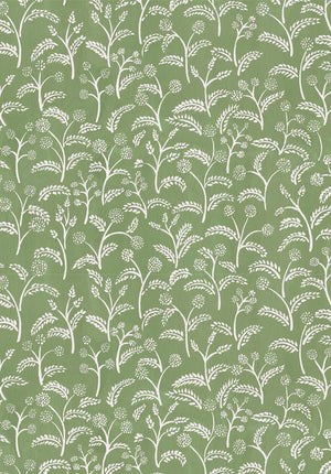 Margaux wallpaper by Claire de Quénetain in green, full repeat of delicate sprigs