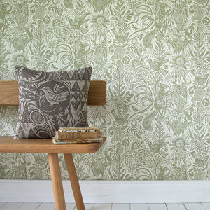 Squirrel and Sunflower wallpaper by St. Jude's in green, squirrels and sunflowers in a styled room setting