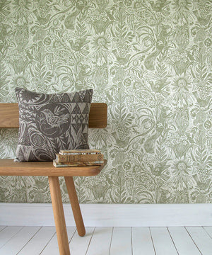 Squirrel and Sunflower wallpaper by St. Jude's in green, squirrels and sunflowers in a styled room setting