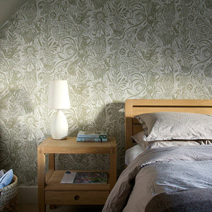 Squirrel and Sunflower wallpaper by St. Jude's in green, squirrels and sunflowers in a bedroom