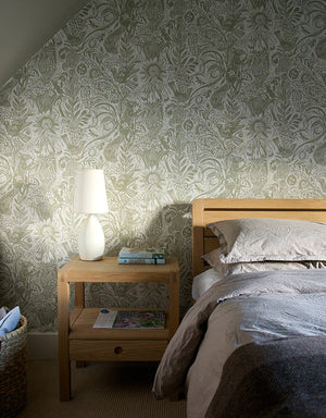 Squirrel and Sunflower wallpaper by St. Jude's in green, squirrels and sunflowers in a bedroom