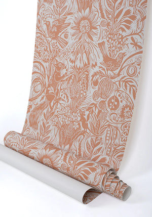 Squirrel and Sunflower wallpaper by St. Jude's in pink, roll showing squirrels and sunflowers