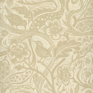 Wren wallpaper by St. Jude's in beige, full repeat of wrens among leaves