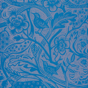 Wren wallpaper by St. Jude's in blue, pattern sample of wrens among leaves