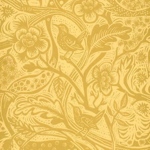 Wren wallpaper by St. Jude's in yellow, flat sample of wrens among leaves