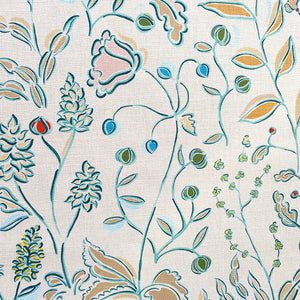 Mathilde linen by Claire de Quénetain in pink, full repeat of a hand-painted floral design