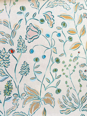Mathilde linen by Claire de Quénetain in pink, full repeat of a hand-painted floral design