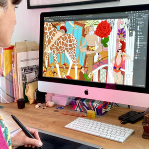Mayhem Mansion wallpaper by Brand McKenzie, the artist's artwork in progress showing animals partying in a mansion
