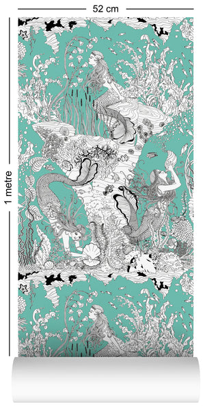 Mermaids wallpaper by Dupenny in aqua, flat sample of mermaids and waves