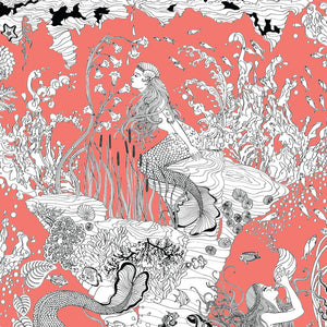 Mermaids wallpaper by Dupenny in coral, full repeat of mermaids and waves