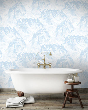 Mermaids wallpaper by Dupenny in pale blue, mermaids and waves in a bathroom