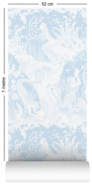 Mermaids wallpaper by Dupenny in pale blue, pattern sample of mermaids and waves