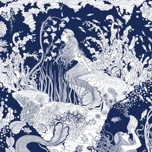 Mermaids wallpaper by Dupenny in navy, pattern sample of mermaids and waves