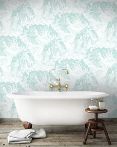 Mermaids wallpaper by Dupenny in pale green, mermaids and waves on a bathroom wall