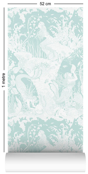 Mermaids wallpaper by Dupenny in pale green, full repeat of mermaids and waves