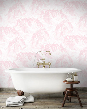 Mermaids wallpaper by Dupenny in pale pink, mermaids and waves in a bathroom setting