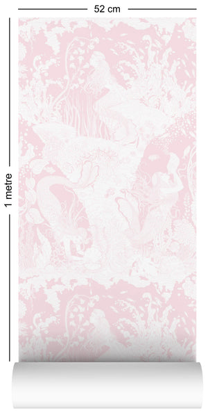 Mermaids wallpaper by Dupenny in pale pink, flat sample of mermaids and waves