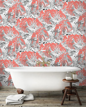 Mermaids wallpaper by Dupenny in coral, mermaids and waves in a bathroom