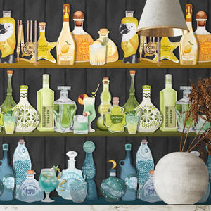 Mixology wallpaper by Brand McKenzie in black, detail of shelves of colourful bottles