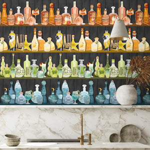 Mixology wallpaper by Brand McKenzie in black, close-up of shelves of colourful bottles