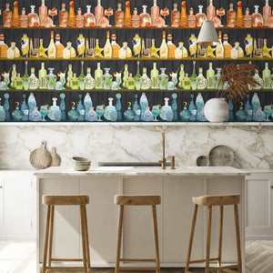 Mixology wallpaper by Brand McKenzie in cream, shelves of colourful bottles in a kitchen