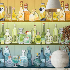 Mixology wallpaper by Brand McKenzie in multicolour, close-up of shelves of colourful bottles