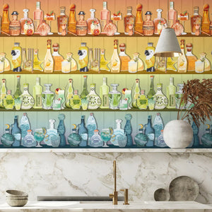 Mixology wallpaper by Brand McKenzie in multicolour, pattern detail of shelves of colourful bottles
