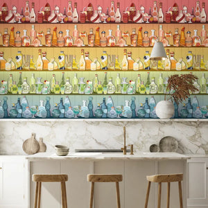 Mixology wallpaper by Brand McKenzie in multicolour, shelves of colourful bottles in a kitchen