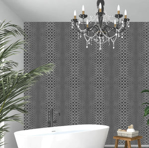 Halo Boulevard wallpaper by Liberty James Studio in silver, a geometric halo pattern on a bathroom wall