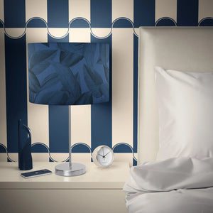 Scallop Lane wallpaper by Liberty James Studio in navy, roll showing scalloped stripes
