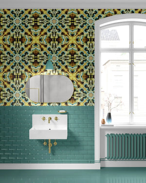 Molten Mosaic wallpaper by Liberty James Studio in yellow, green and blue, a kaleidoscope mosaic in a bathroom