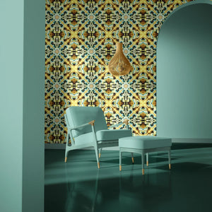 Molten Mosaic wallpaper by Liberty James Studio in yellow, green and blue, a kaleidoscope mosaic in a living room
