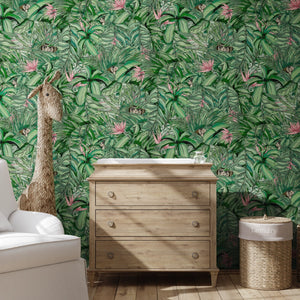 Monkey Forest wallpaper by Brand McKenzie in green and pink, monkeys in tropical leaves above a sideboard