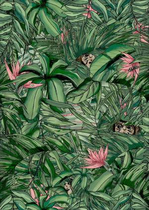 Monkey Forest wallpaper by Brand McKenzie in green and pink, detail of monkeys in tropical leaves