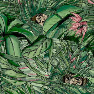 Monkey Forest wallpaper by Brand McKenzie in green and pink, close-up of monkeys in tropical leaves